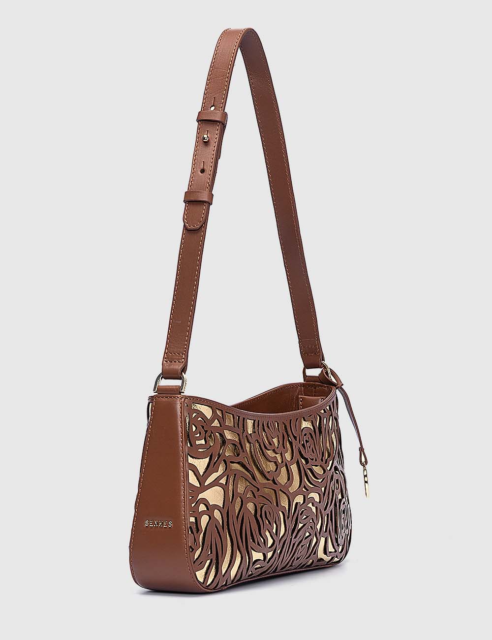 Fiori Shoulder Bag, Cognac & Gold, large, image 3