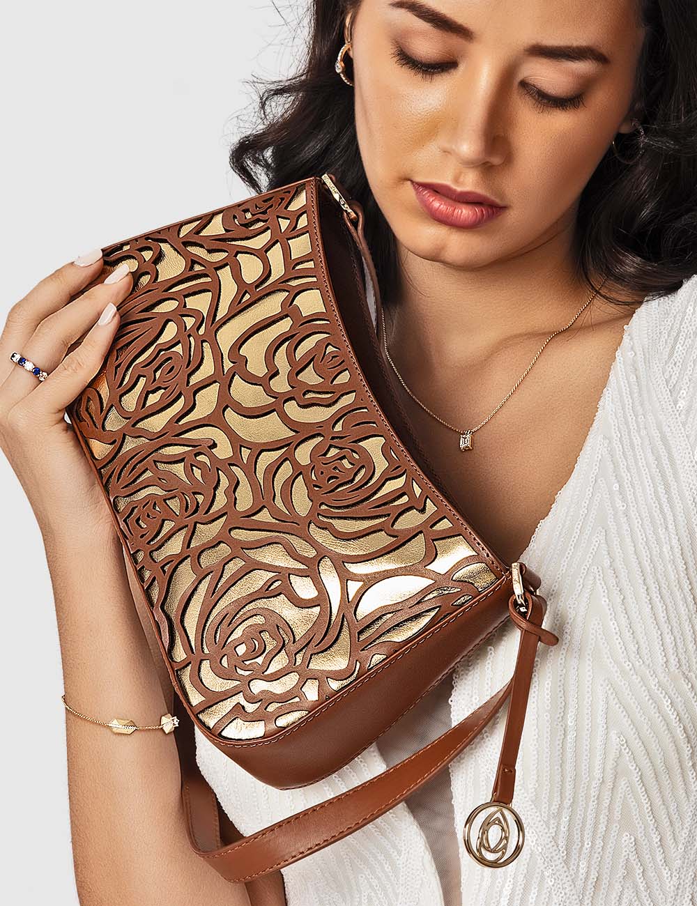 Fiori Shoulder Bag, Cognac & Gold, large, image 5